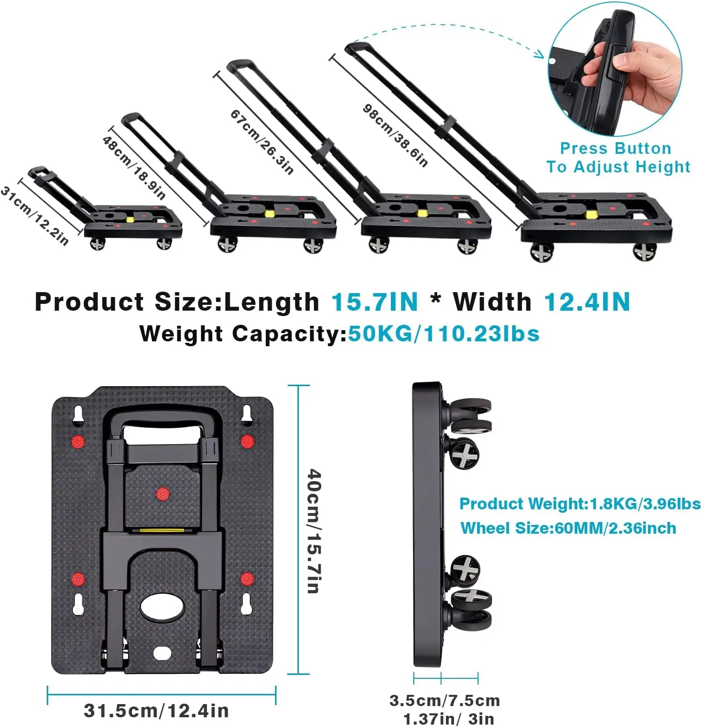 Caminhão De Mão Dobrável Portátil Com 4 Rodas, Alça Ajustável, Bagagem Viagem, Compras, Movendo, Uso De Escritório