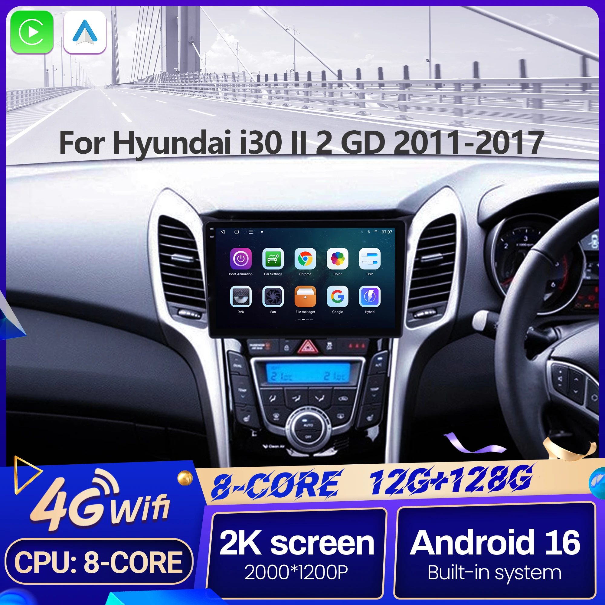 

9" For Hyundai i30 II 2 GD 2011-2017 Car Multimedia Radio Android 16 System BT Carplay Android Auto 2K QLED Screen GPS 5G WIFI