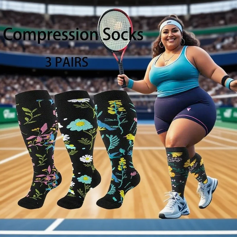 

3-парные компрессионные носки с двойным цветочным узором для мужчин и женщин для бега, езды на велосипеде, йоги и широкие спортивные носки для фитнеса.