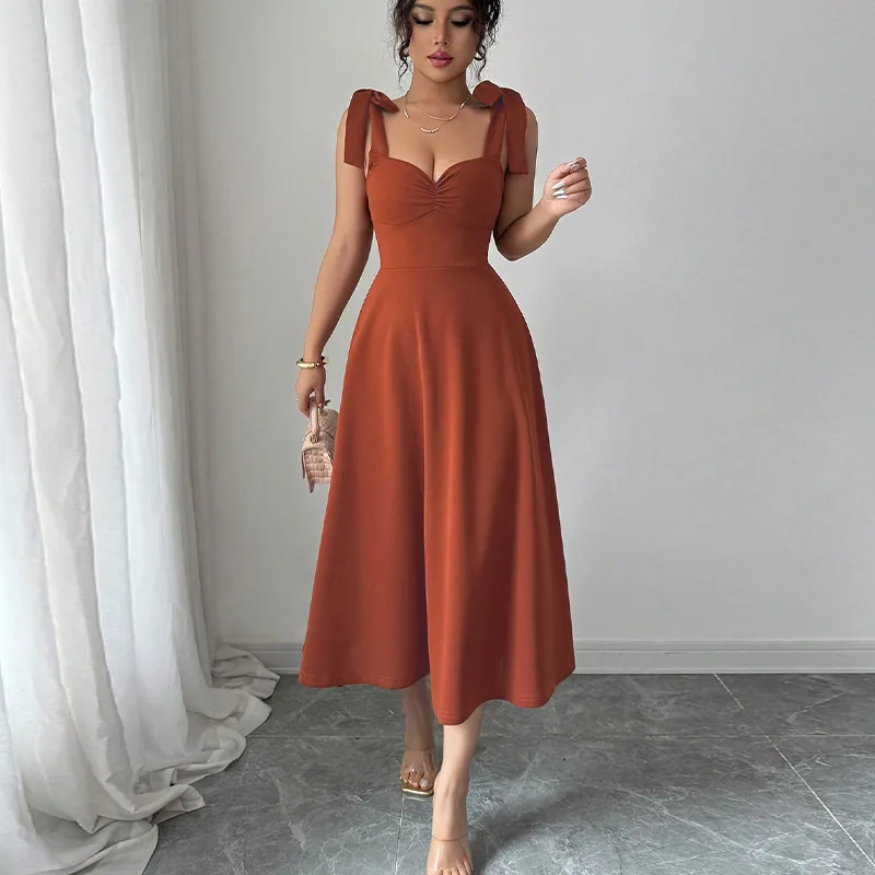 2025 فستان أنيق بلون تانك فستان الخصر حزام التخسيس منتصف طول فستان 2025 فستان صيفي رداء Vestido النساء الطرف