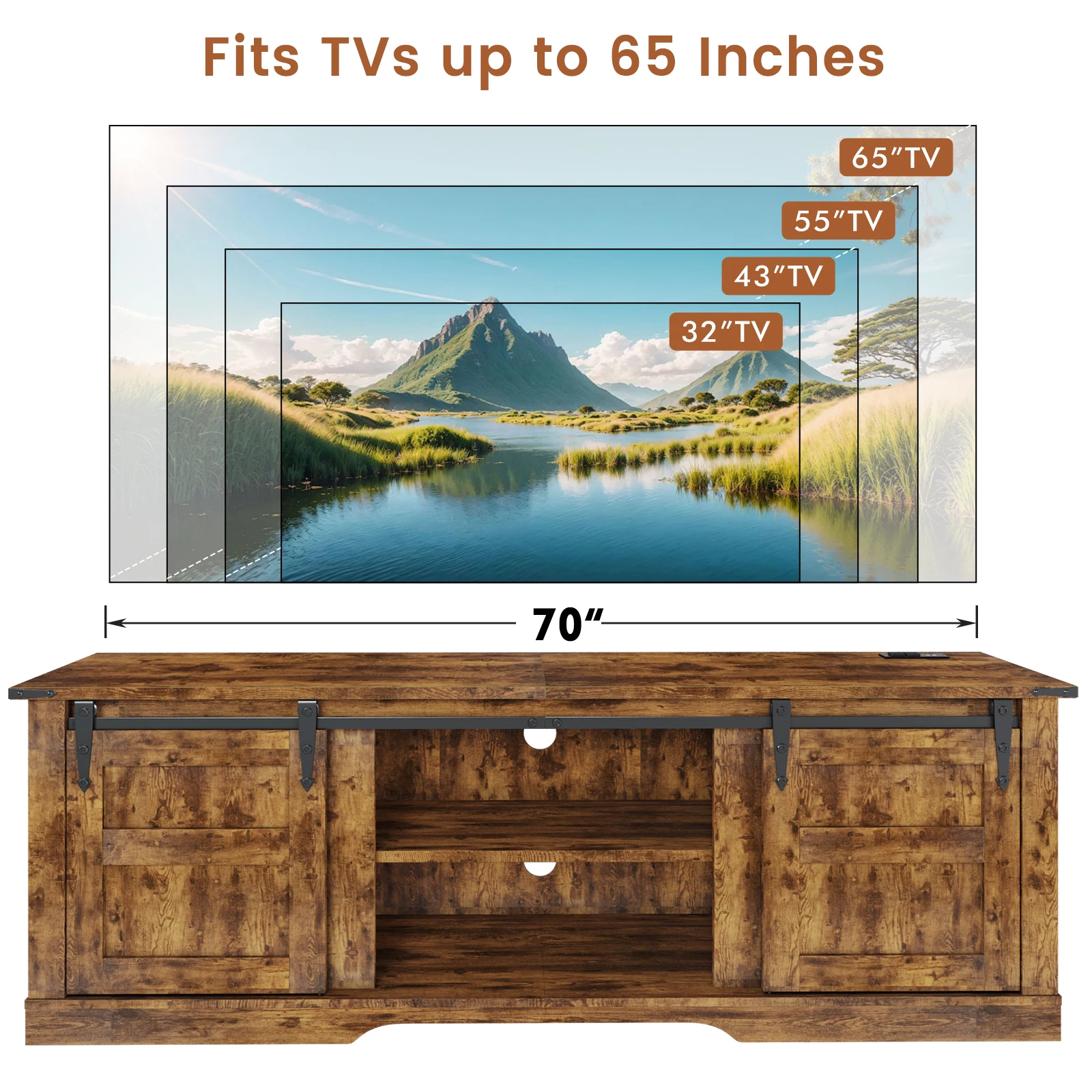 65” TV Entertainment Center with Storage Cabinets and Sliding Barn Doors, Rustic Media TV Console Table for Living Room image 6