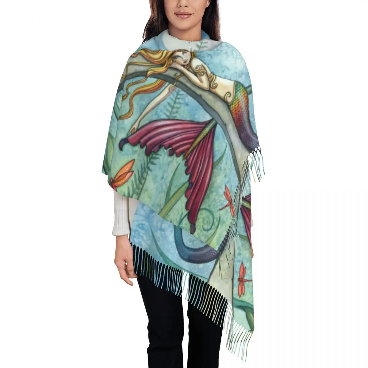 

Ladies Long Down By The Pond Mermaid Scarves Women Winter Fall Soft Warm Tassel Shawl Wraps Molly Harrison Scarf