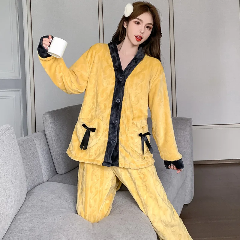 

Фланелевые женские пижамы, осенне-зимняя одежда для сна, утепленный милый минималистичный хлопковый пижамный комплект, однотонный домашний комплект с v-образным вырезом, сохраняющий тепло