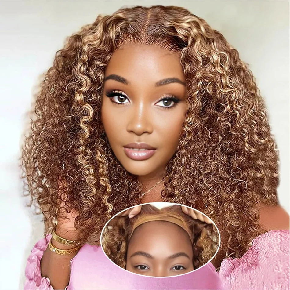 

Deep Wave Bob Wig Human Hair Glueless Highlight 5x5 HD Lace Front 220% Density 4/27 Colored Ombre Wear and Go Human Hair Wigs