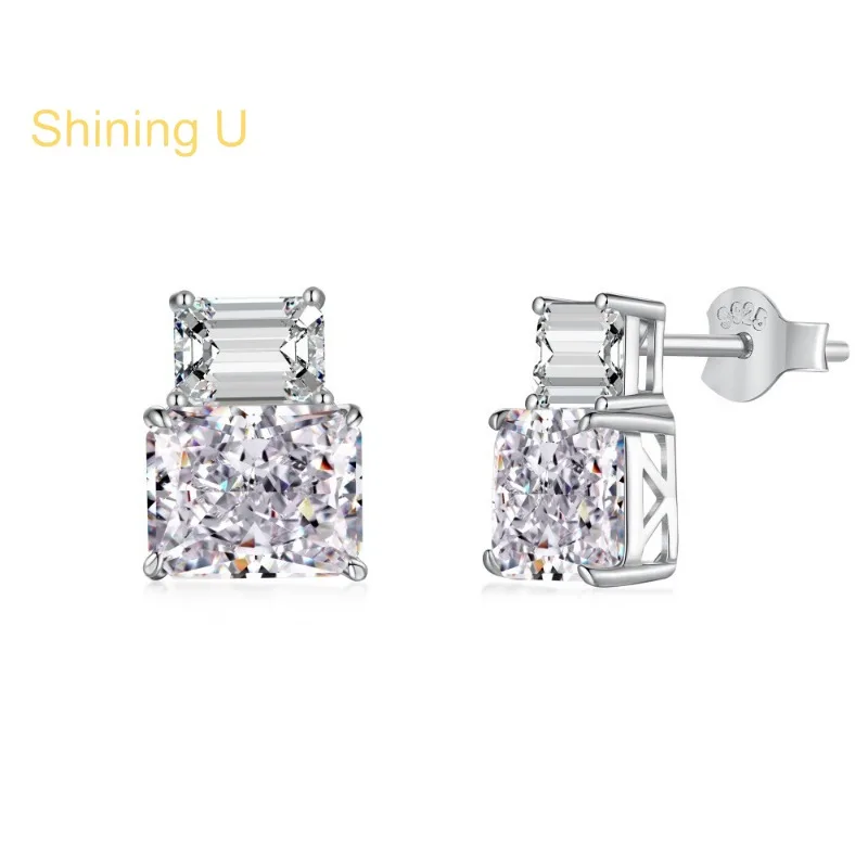 Shining U S925 Silver 8A Crushed Ice Gems Emerald Cut Stud Earrings for Women Finejewelry Wedding