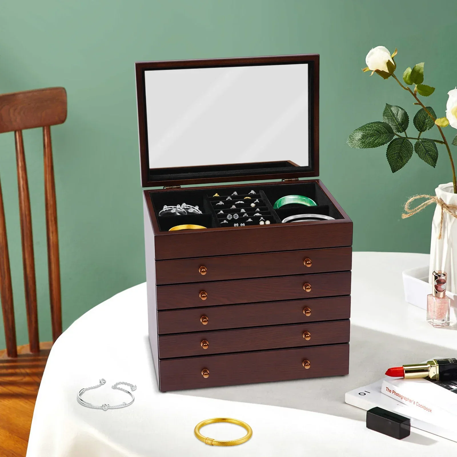 

6-layer jewellery box, jewellery storage box, wooden jewellery case, large box, retro jewellery box, large rectangular brown