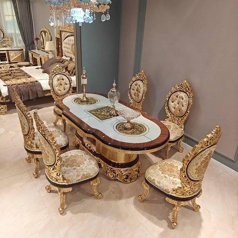 LMM solid wood engraved gold foil western dining table luxury high-end long dining table 2.2 meters