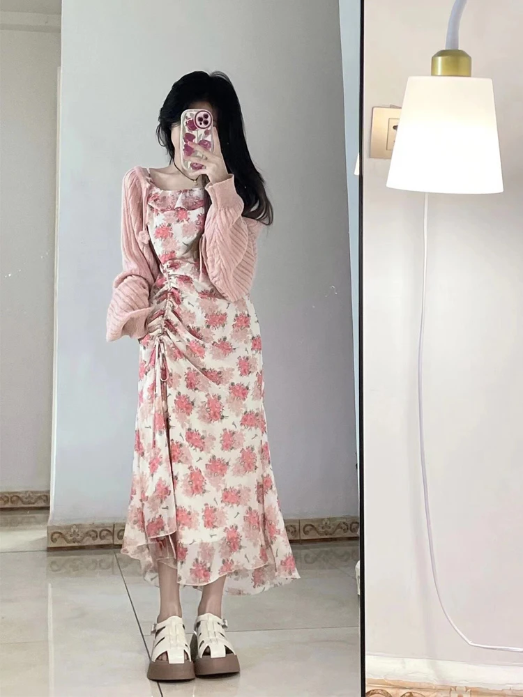

French Sweet Girl's Floral Dress Off Shoulder Suspender Skirt Temperament High Waist Slim Skirt Fairy Dresses Knitted Shawl Suit