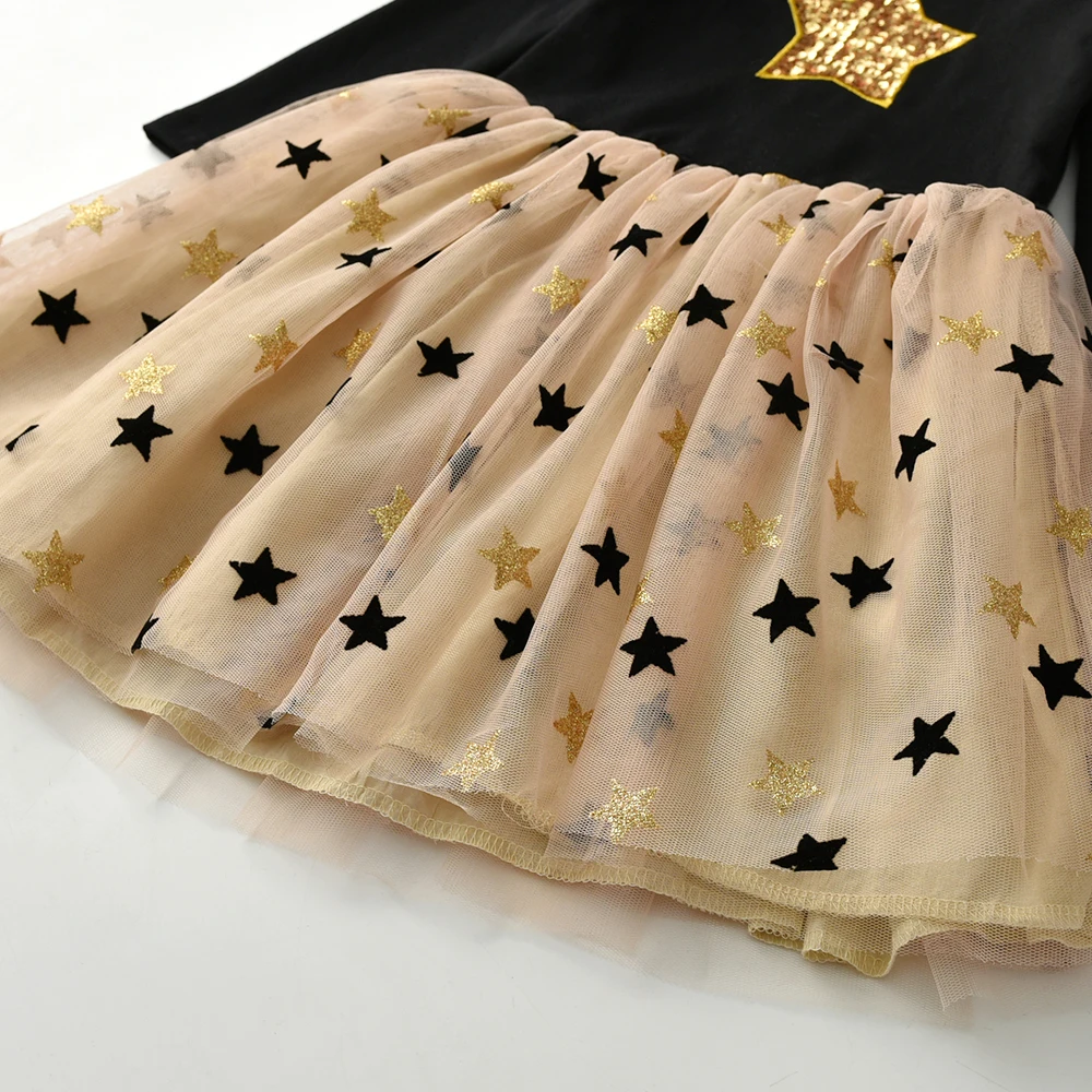 VIKITA Kids Autumn Dresses for Girls Star Sequins Princess Dress Girl Long Sleeve Party Vestidos Girls Dress Children Clothing