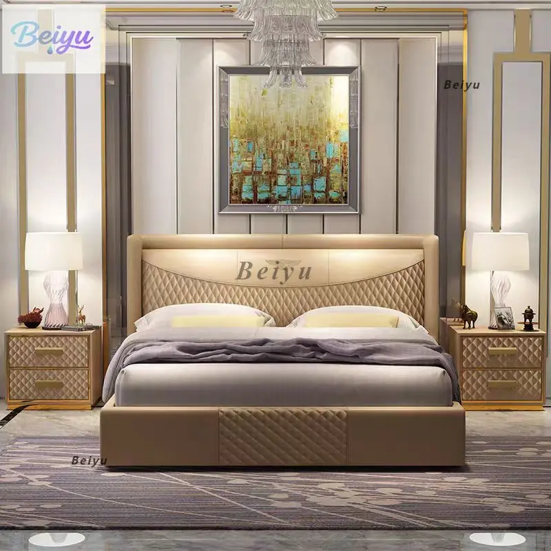 

Italian light luxury high-end leather simple small apartment Internet celebrity solid wood premium 1.8 meters post-modern Hong K