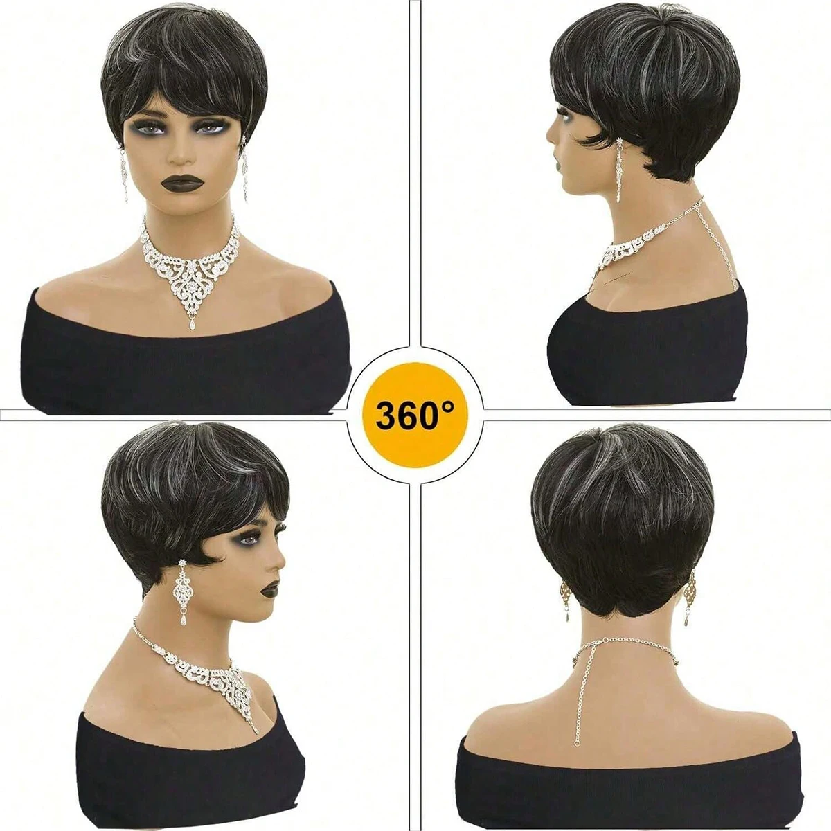 باروكات قصيرة مجعدة، شعر مستعار قصير بقص عابث، شعر مستعار أسود مع غرة، باروكات صناعية مموجة طبيعية (أسود ورمادي مختلط)
