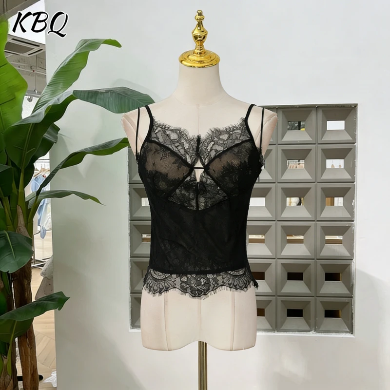 

KBQ Black Slimming Spliced Lace Chic Vests for Women V Neck Sleeveless Vintage Sexy Vest Female Summer Fashion New Style Clothes
