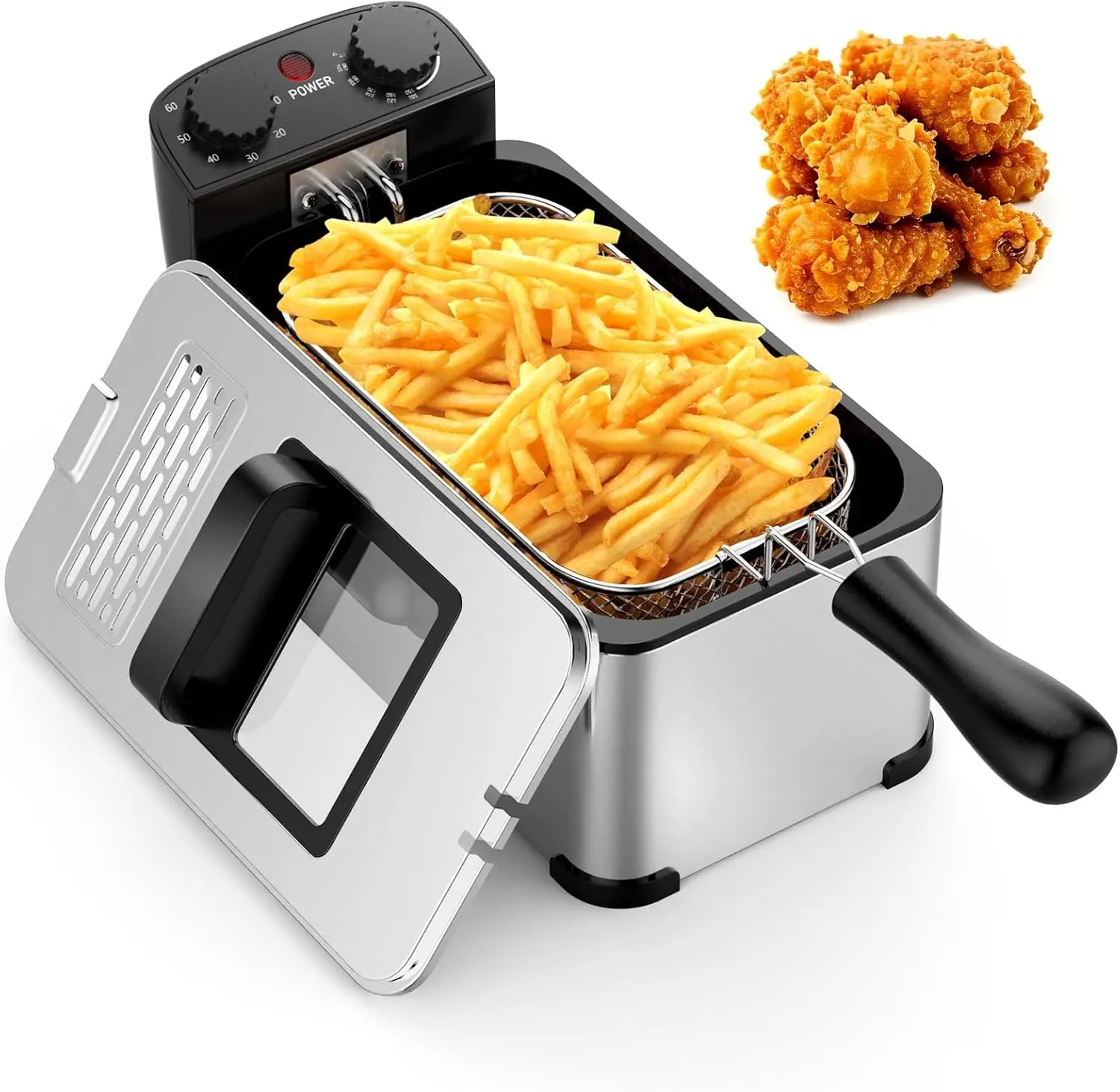 

3 Liter Deep Fryer with Basket, 1700W Electric Oil Fryer with Lid with Viewing Window, Adjustable Timer and Temperature