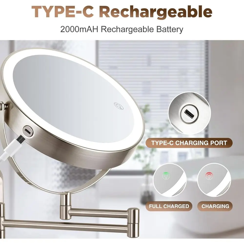 Doppelseitiger, mit LED beleuchteter Schminkspiegel, 360° °   Dreharm, 3 Farbmodi, verstellbare Vergrößerung, Oberfläche aus gebürstetem Nickel