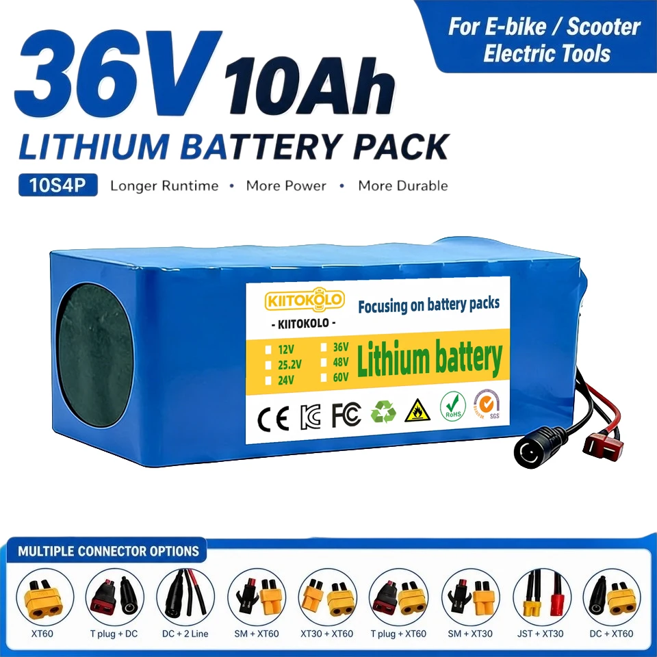 36V 10Ah Ebike Battery 10S4P Lithium Ion Battery Pack with BMS High‑Capacity Replacement for Electric Bicycle Scooter
