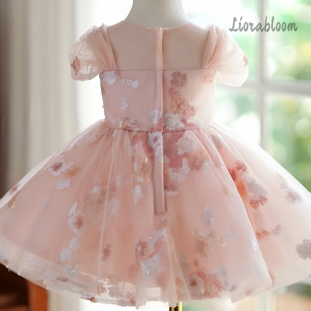 Abito Formale Rosa con Ricami Floreali per Bambine, Vestito da Damigella, Abbigliamento da Cerimonia per Ragazze
