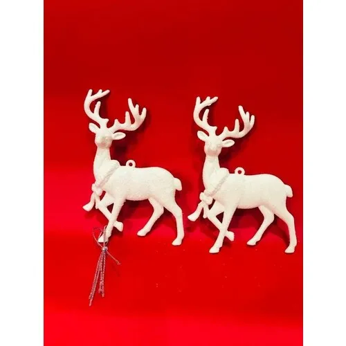 Party World-Silvery White Deer Pine Tree Ornament 2 Pcs 10x12 cm