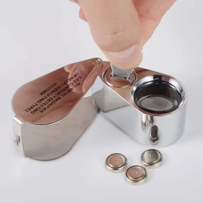 40X Foldable Magnifier Metal Jewelry Loupe Magnifying Glass Portable Handheld Eye Magnifier  Lamp UV Light Lamp Magnifier