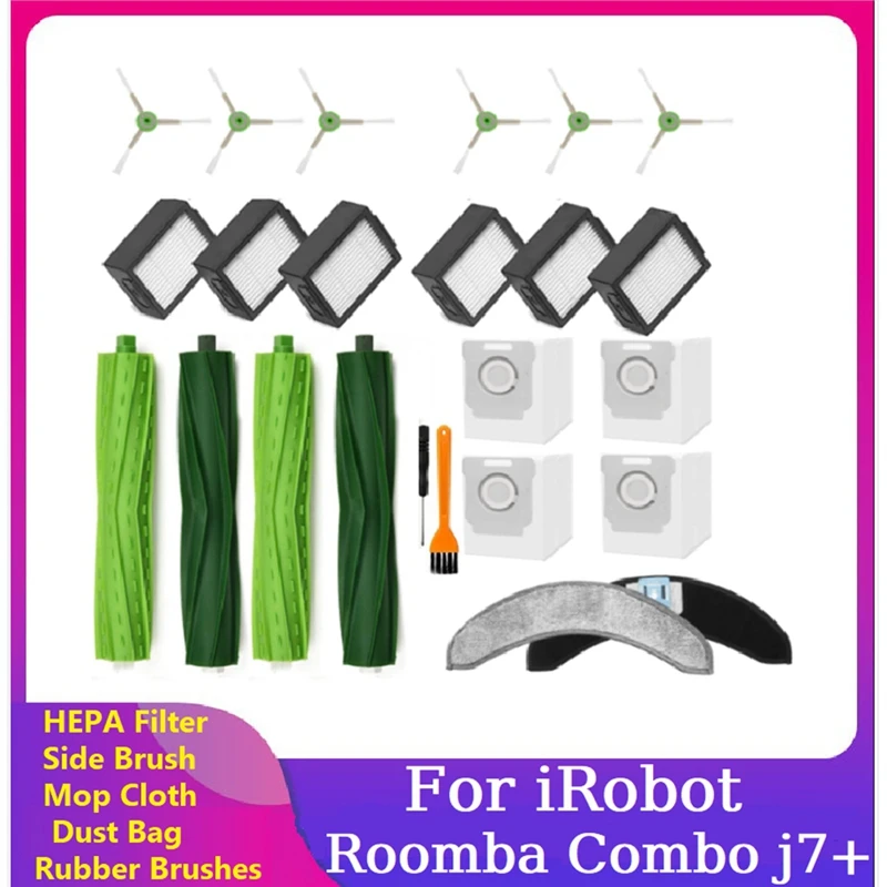 

24PCS For Irobot Roomba Combo J7+ Vacuum Cleaner Rubber Brushes Filters Side Brush Mop Cloth Dust Ba Replacement