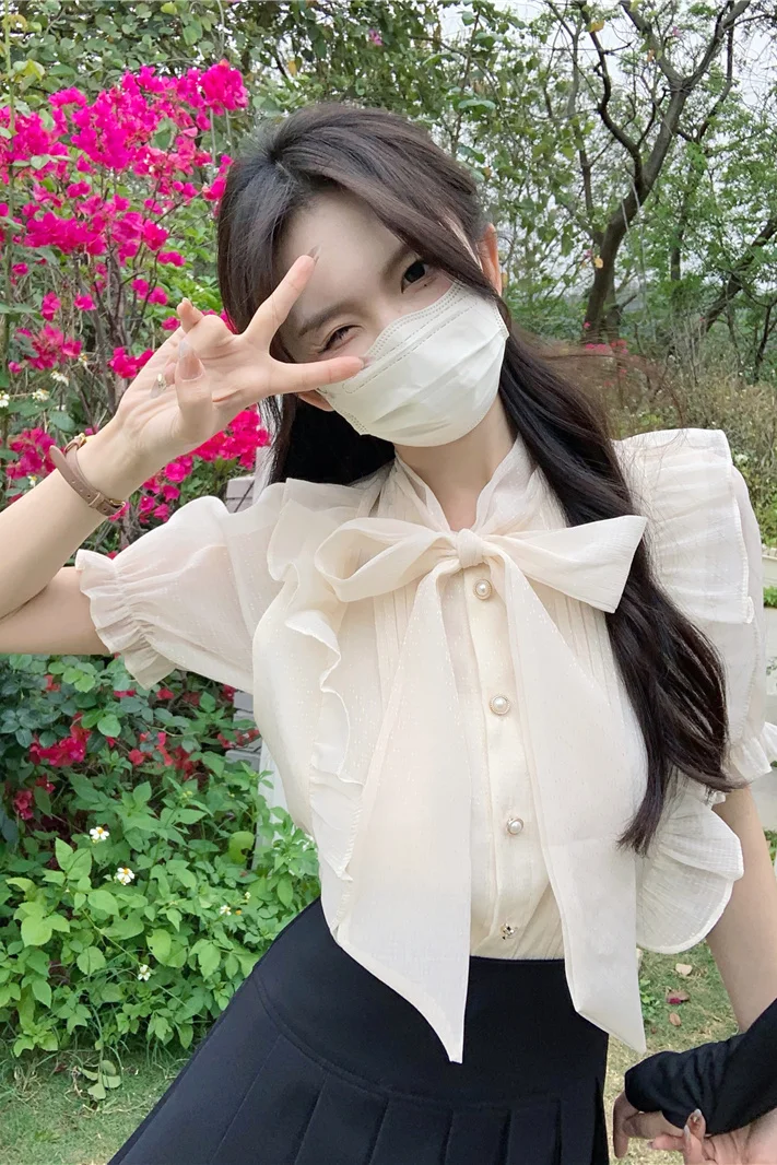 

Summer New Bow Tie Ruffle Puff Sleeve Blouse for Women Chic Versatile Slimming Fit Shirt Trendy Elegant Aesthetic Top