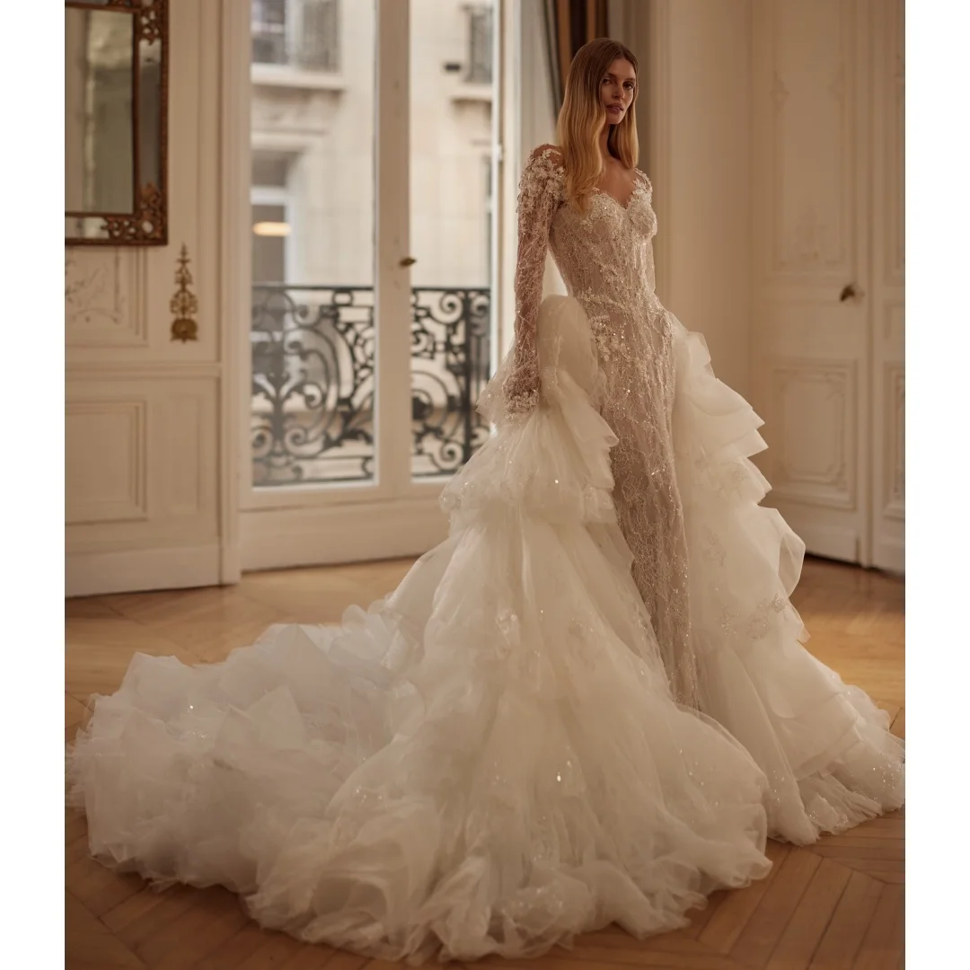 

2 In 1 Luxury Wedding Dresses Long Sleeves Lace Sequined Bridal Gown Ruffles Detachable Train robe de mariée Customized