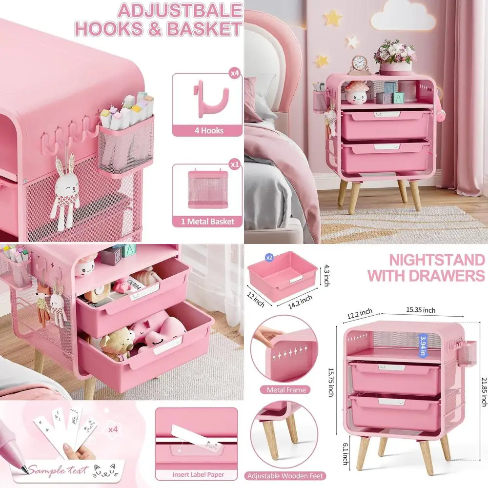 Compact Pink Storage Nightstand for Kids, Bedroom, Dorm, and Office Use