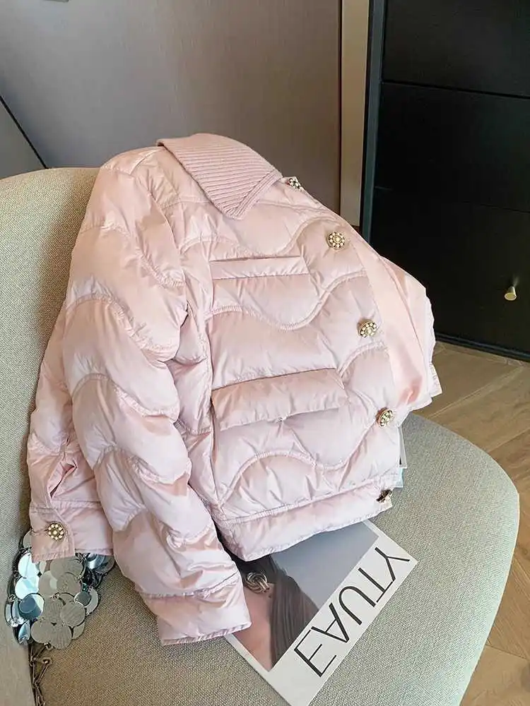 French Pink Long Sleeve Warm Cotton Jacket Women Winter Single Breasted Straight Outerwear 2024 New Lady Padded Coat