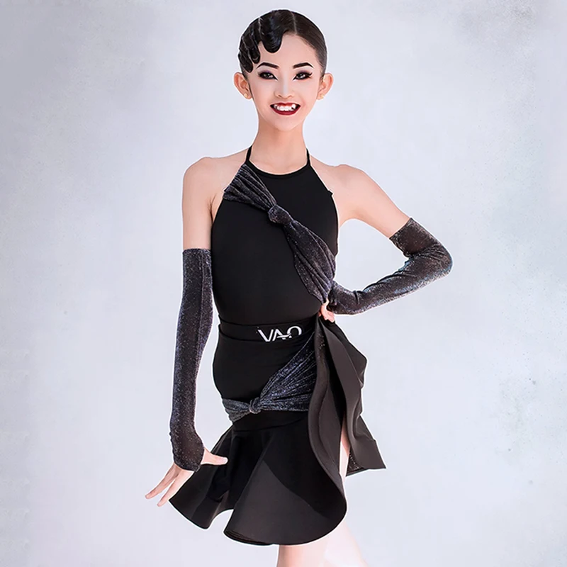 Black Latin Dance Dress For Girls Kids Latin Dance Competition Clothing Shining Gloves Performance Suit Cha Cha Dress BL13573