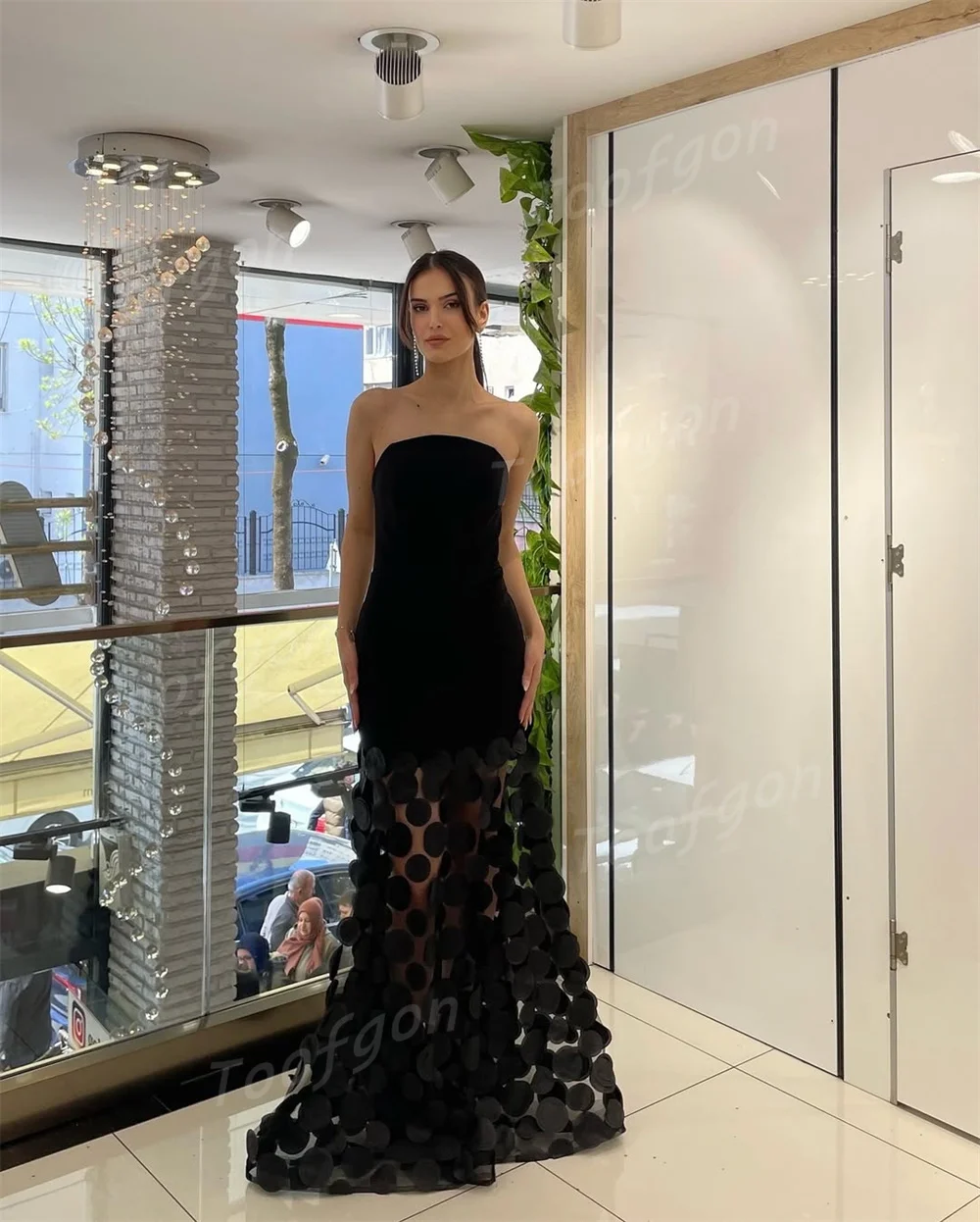 Toofgon Strapless Black Mermaid Long Evening Dresses Customized 3D Lace Skrit Special Occasion Formal Party Dress Prom Gowns