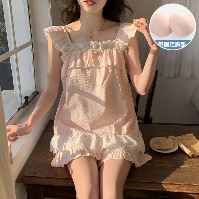 

Пижамы на подтяжках в стиле принцессы с накладкой на грудь, женская одежда для сна, студенческий жилет с рюшами, шорты, комплект из двух предметов, домашняя одежда, домашняя одежда