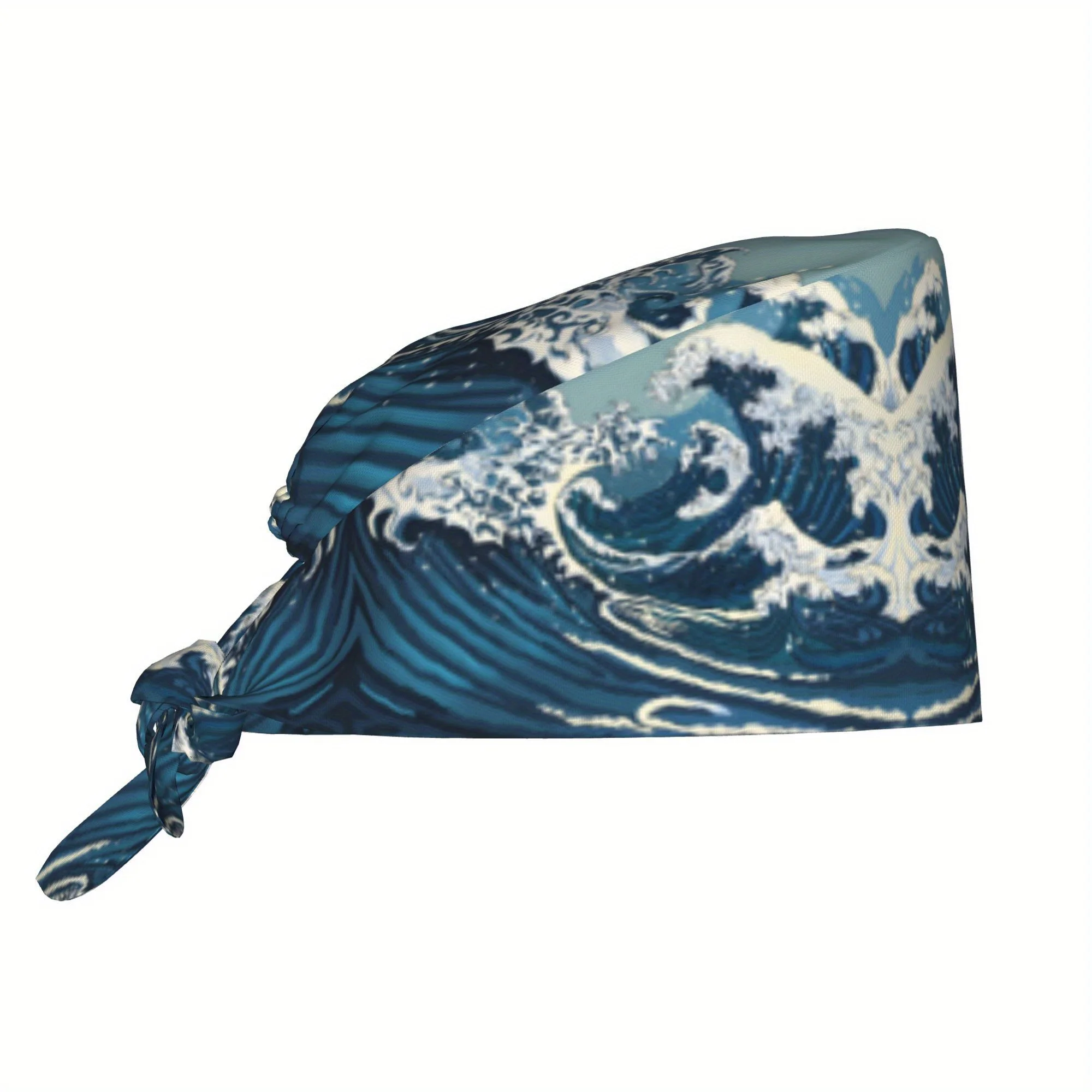 Japanese Great Wave Print Scrub Cap Kanagawa Ukiyo-e Pattern Hat Adjustable Medical Work Cap for Nurses Healthcare