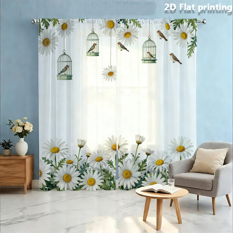 2PCS Digital Print Sheer Curtain, Daisy Birdcage, Whimsical Fantasy Window Curtains for Living Room Bedroom Home Decor