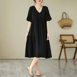 # 6505 Czarna Biała Sukienka A-line V-neck Vintage Midi Sukienka Krótki Rękaw Cienkie Retro Biurowa Sukienki Damskie Letnie Vestidos Eleganckie