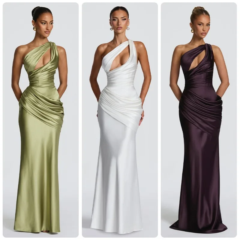 

Women Satin One Shoulder Cutout Maxi Dress Elegant Green Ruched Mermaid Slim Fit Flowy Vestido 2026 Lady Summer Evening Dresses
