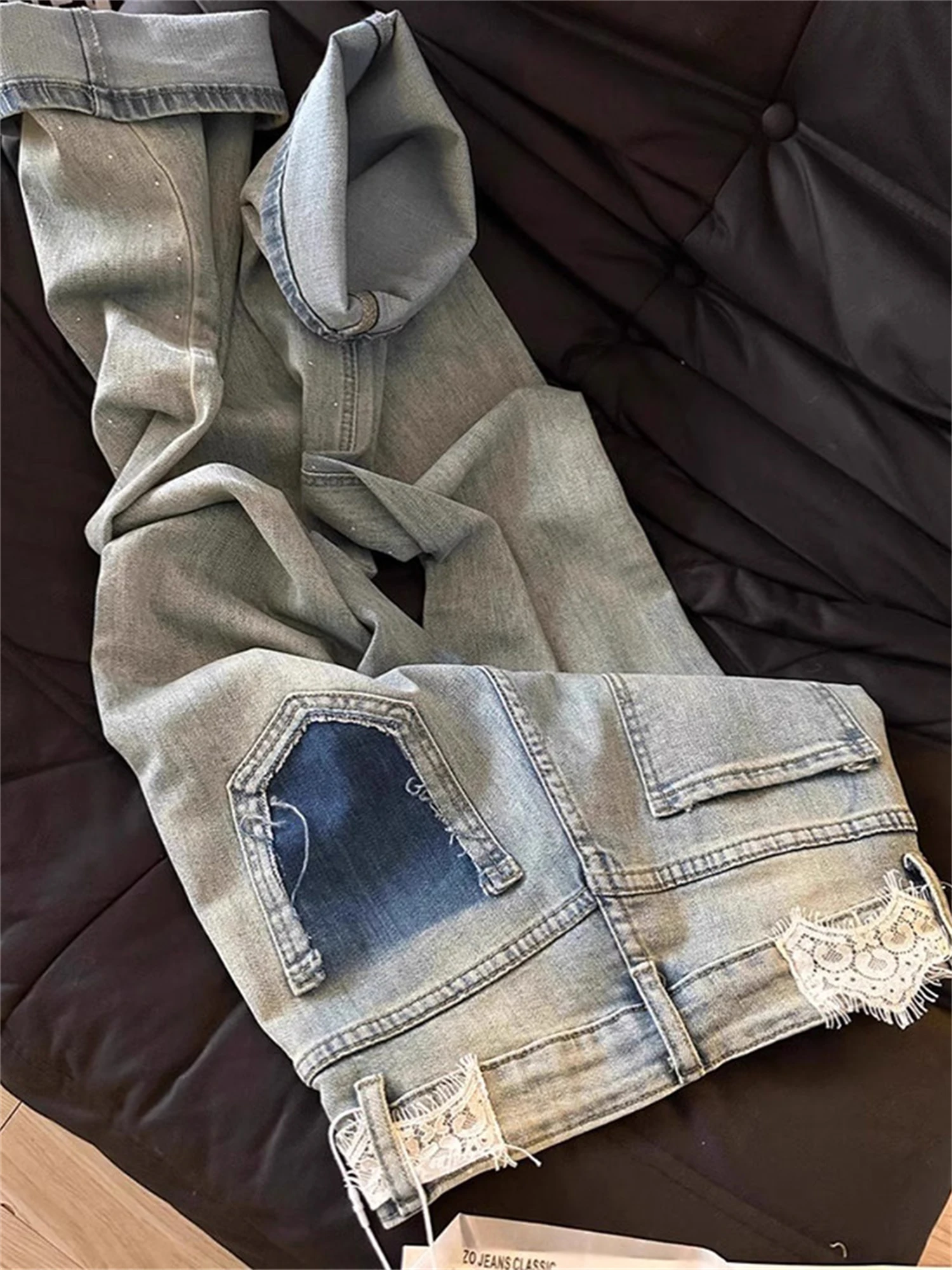 Women's High Waisted Straight Leg Jeans Light Blue Washed Lace Waistband Contrast Pocket Patch Rhinestone Casual Denim Pants
