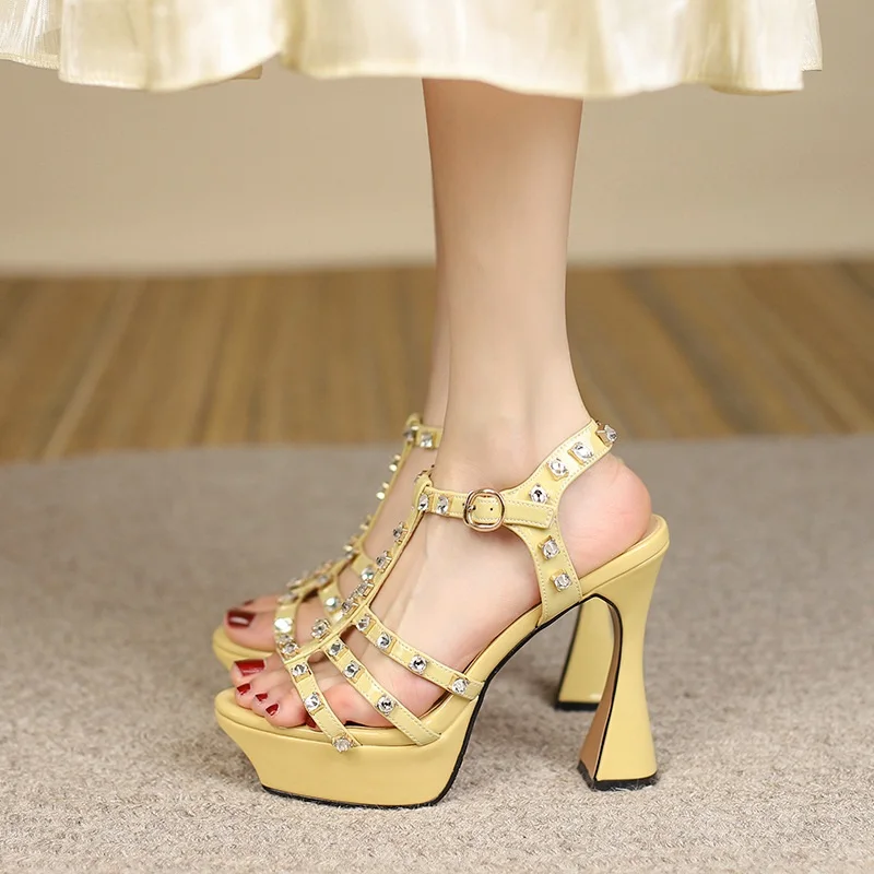 

Summer new high-heeled block-heel catwalk rhinestone rivet sandals banquet dress all-match small size custom women's shoes