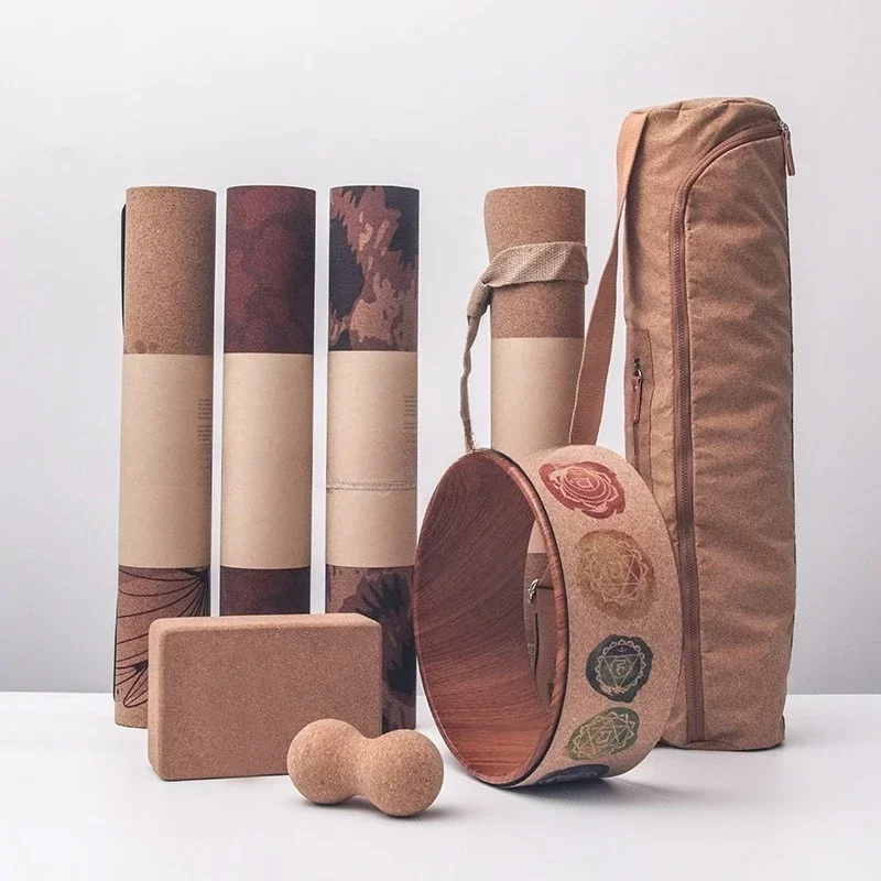 Natural rubber cork yoga mat set, yoga wheel cork fascia ball