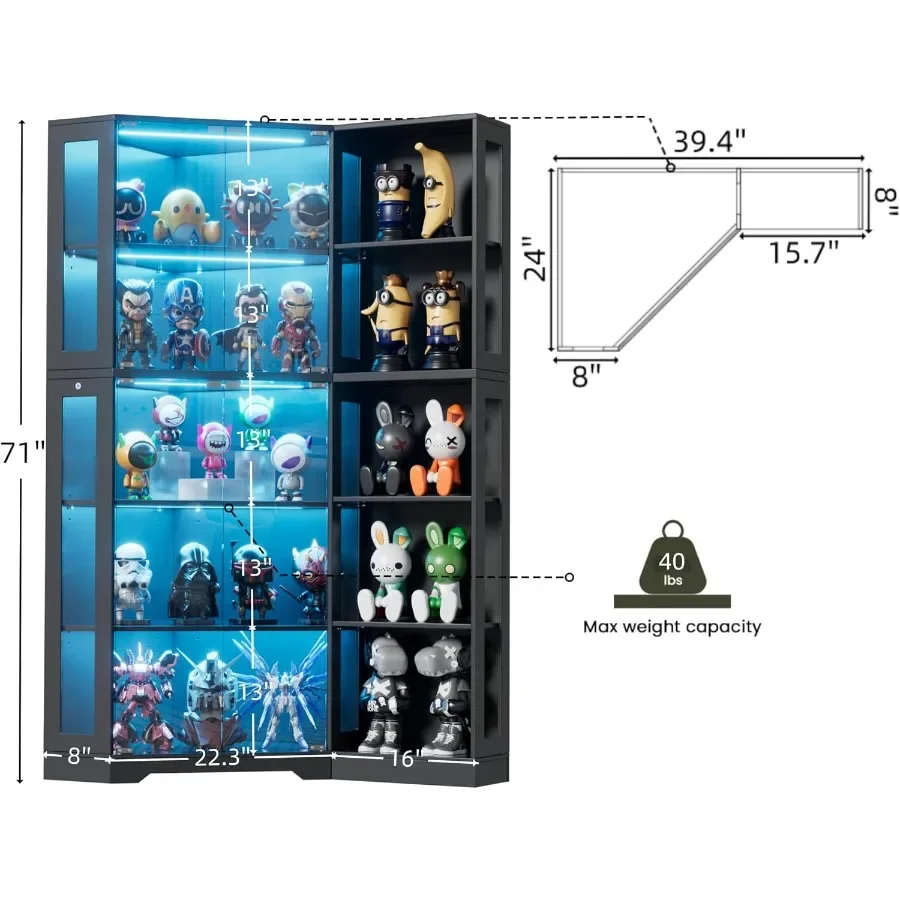Corner display curio cabinet with glass doors, LED lighted display case for collectibles, 5-tier storage shelves for living roo