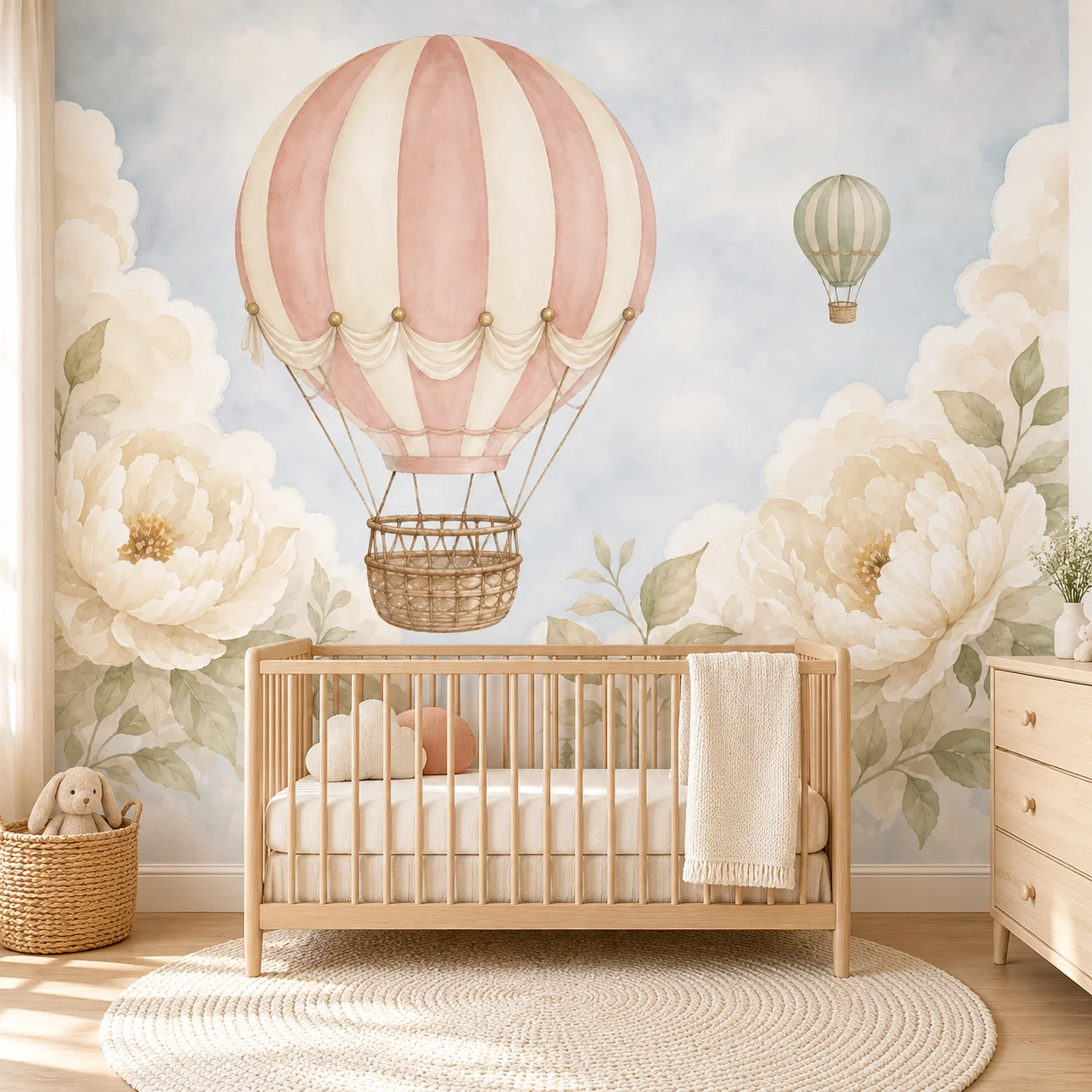 Hot Air Balloon Wall Mural Soft Watercolor Floral Clouds Nursery Wallpaper for Baby Girl Bedroom Kids Playroom Non Self Ad
