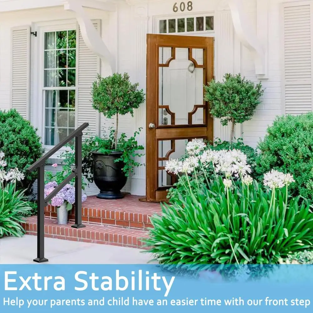 Outdoor Wrought Iron Handrails Adjustable Height 600lbs Support Weather Resistant Easy Installation Fade Resistant 2 Step Metal
