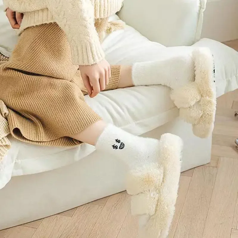 Women Funny Socks White Winter Warm Socks Smile Cute Kawaii Anime Floor Socks Lolita Y2k Thicken Fuzzy Socks