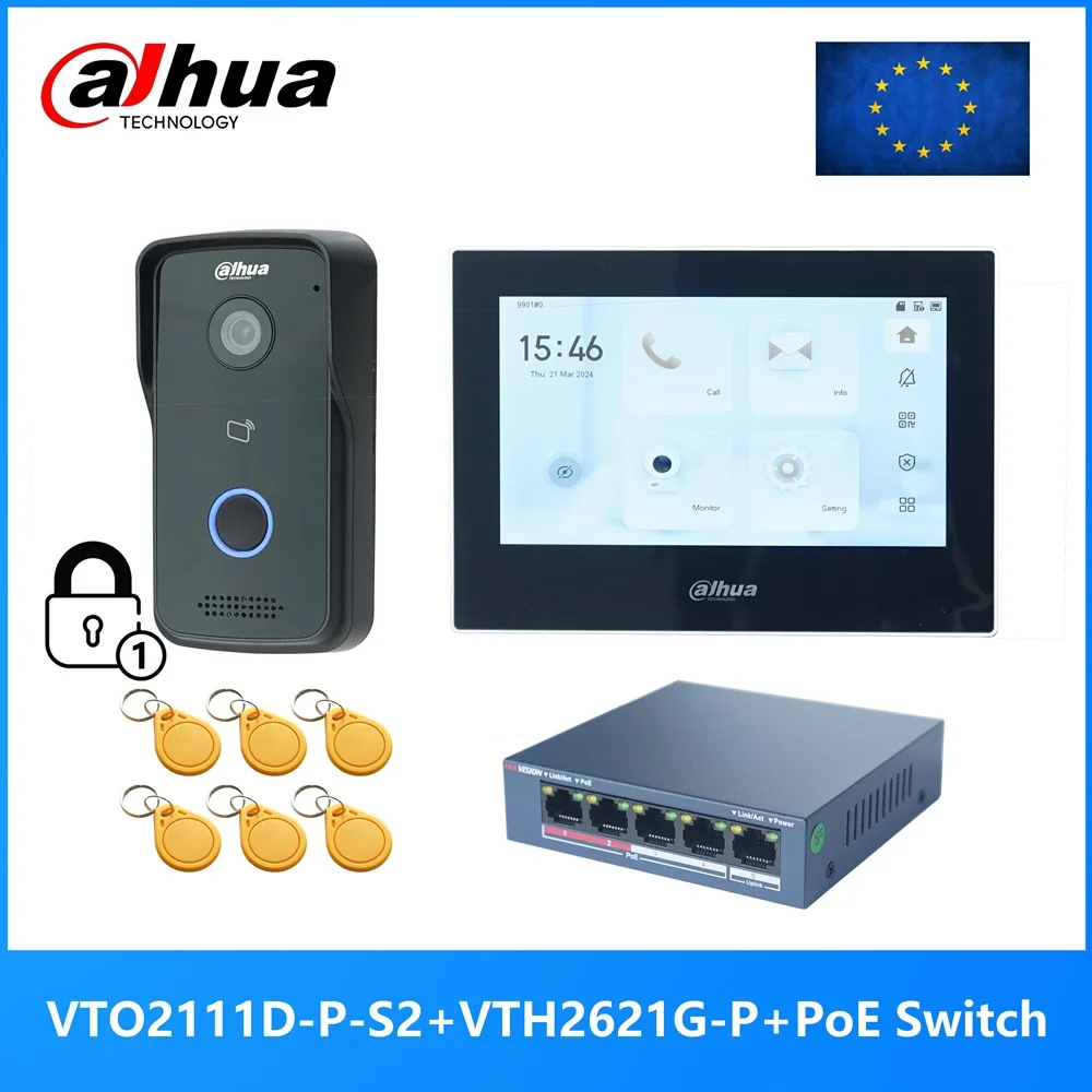 Dahua Multi-Language IP Video Intercom KIT,VTO2111D-P-S2 & VTH2621G-P & PoE switch,support SIP,RFID Card Unlock
