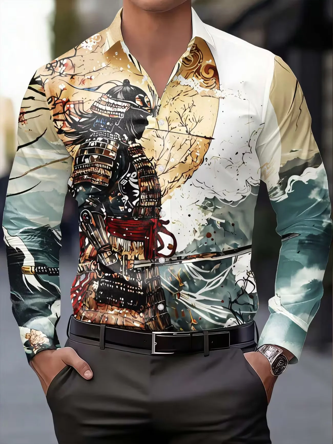 New Yellow Daisy Contrasting Print men's Long Sleeved Shirt  Fresh Summer Style Slim Fit Casual Shirt