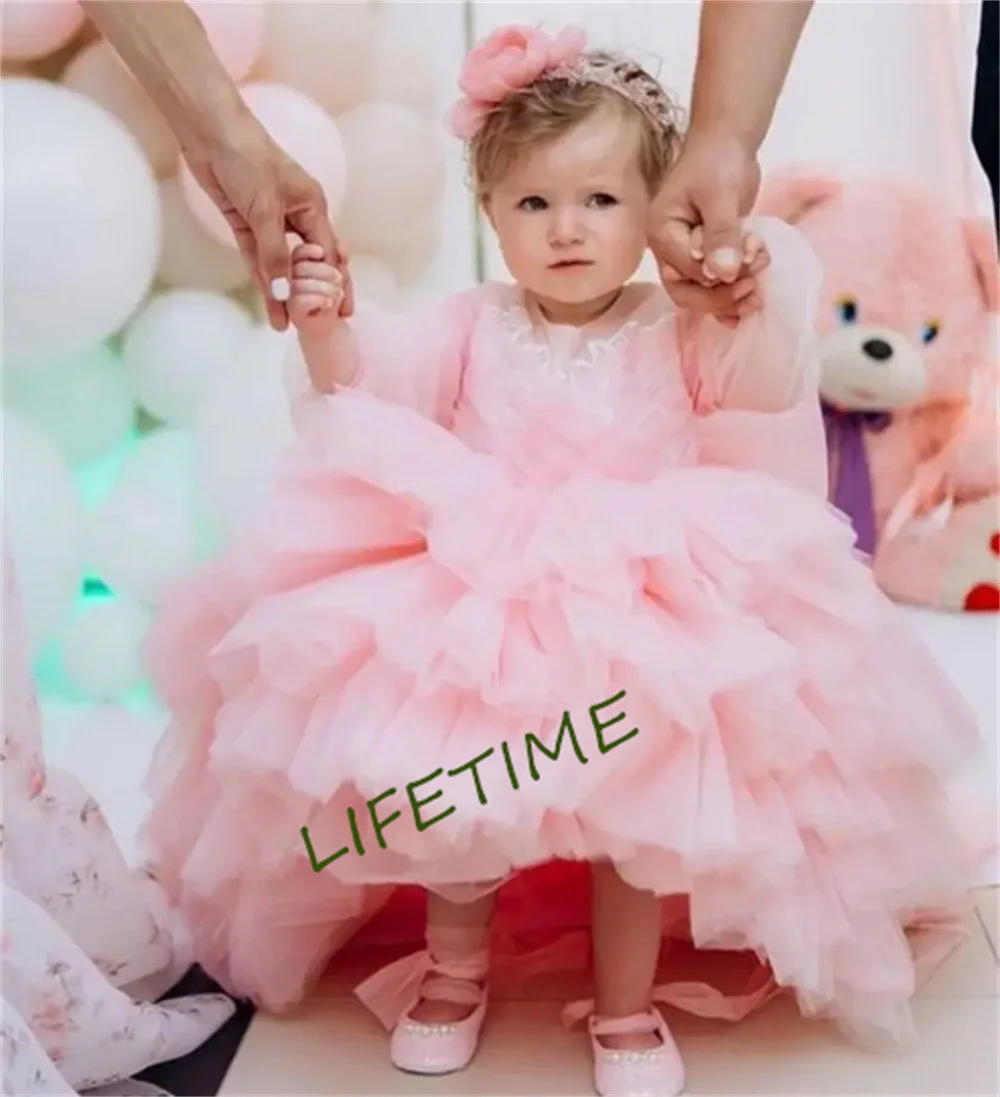 

Unique Pink Baby Girl Birthday Dress Full Sleeve O Neck High-Low Winter Baby Dress Pageant Party Girl Gowns 1-14T