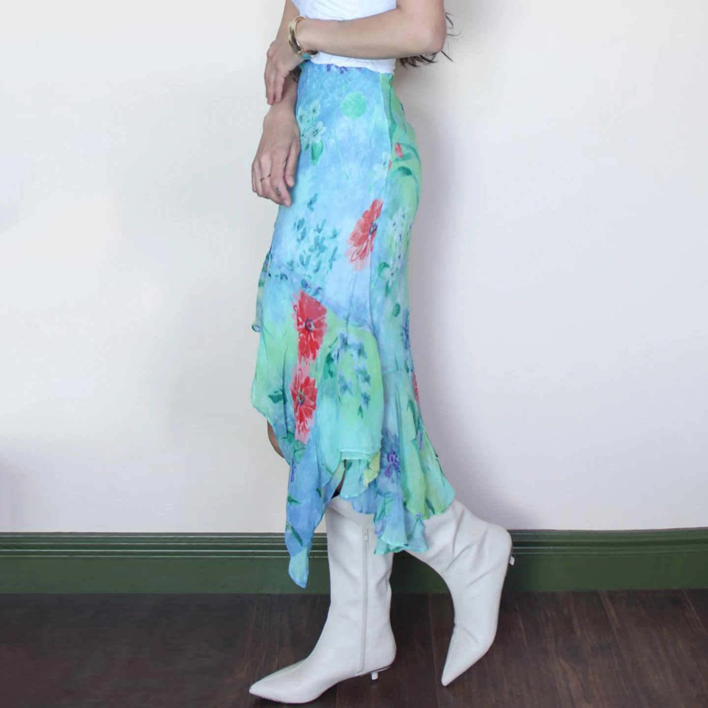 SUCHCUTE Vacation Floral Print Asymmetric  A-Line Skirt Summer Women Beachwear Y2k Streetwear Skirt All Match Casual Outfits New