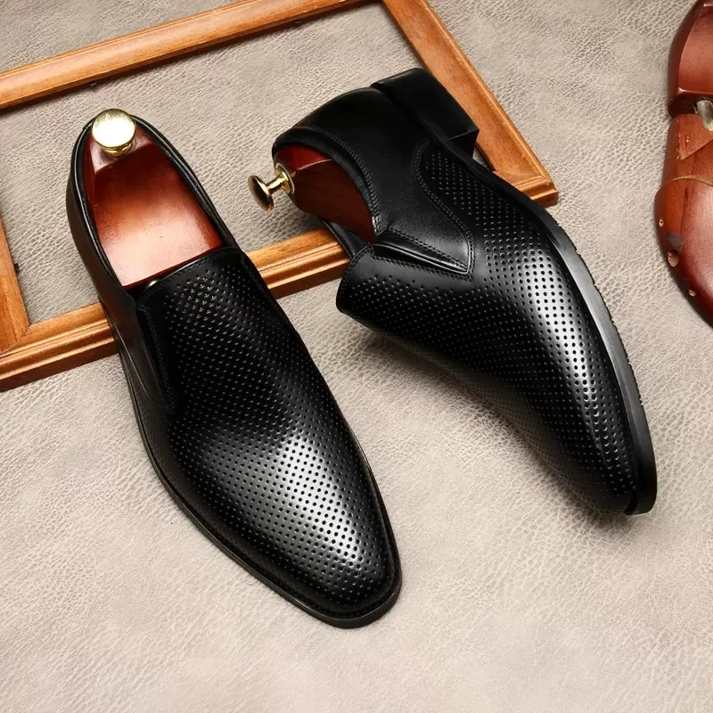 

Luxury Italian Leather Dress Shoes Men Genuine Leather Round Head Slip On Formal Wedding Oxford Loafers Man Black Office Shoes