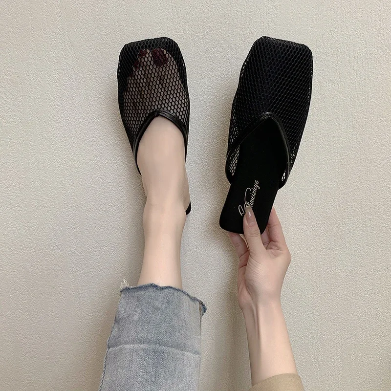 Women\'s Summer Home Slippers Mujer 2022 New Hollow and Breathable Mesh Flat Shoes Square Toe Flat Heel Casual Sandals Women