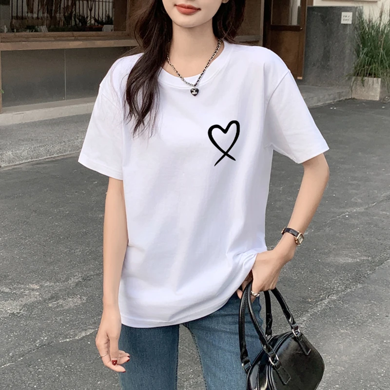 Simple heart graphic comfortable loose big size daily women cotton 100% T-shirt TS2737