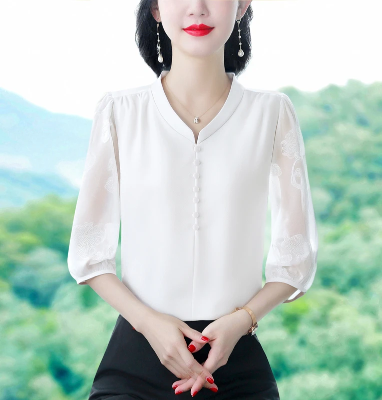 2025 Spring Summer Women Tops Patchwork Silk Chiffon Blouse 3/4 Sleeve Elegant Fashion Office Lady Jacquard Shirt Blusa - Image 5