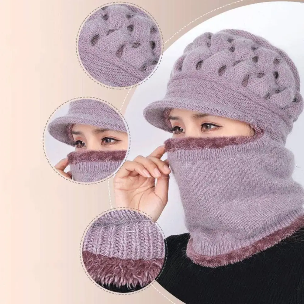 Chapeau tricoté chaud avec bord coupe-vent, Protection des oreilles, doublure polaire épaisse, ensemble chauffe-cou pour femmes, hiver